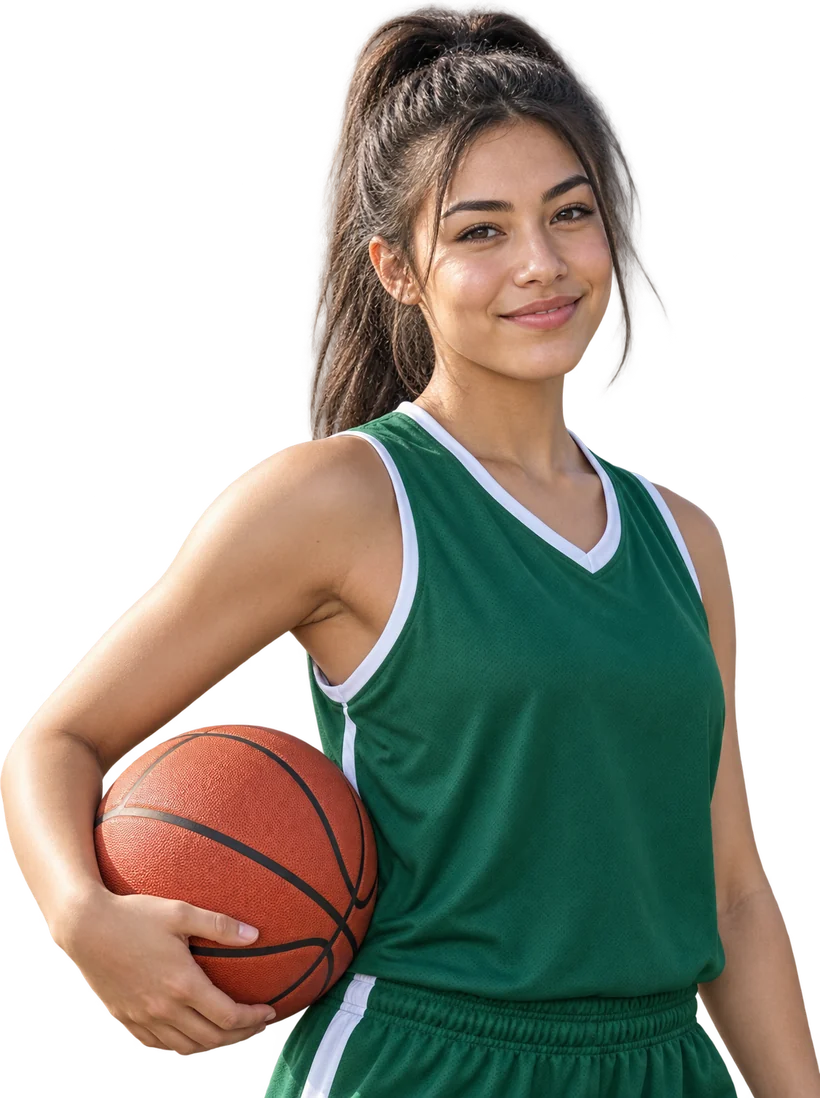 A young basketball player in a green jersey holding a ball